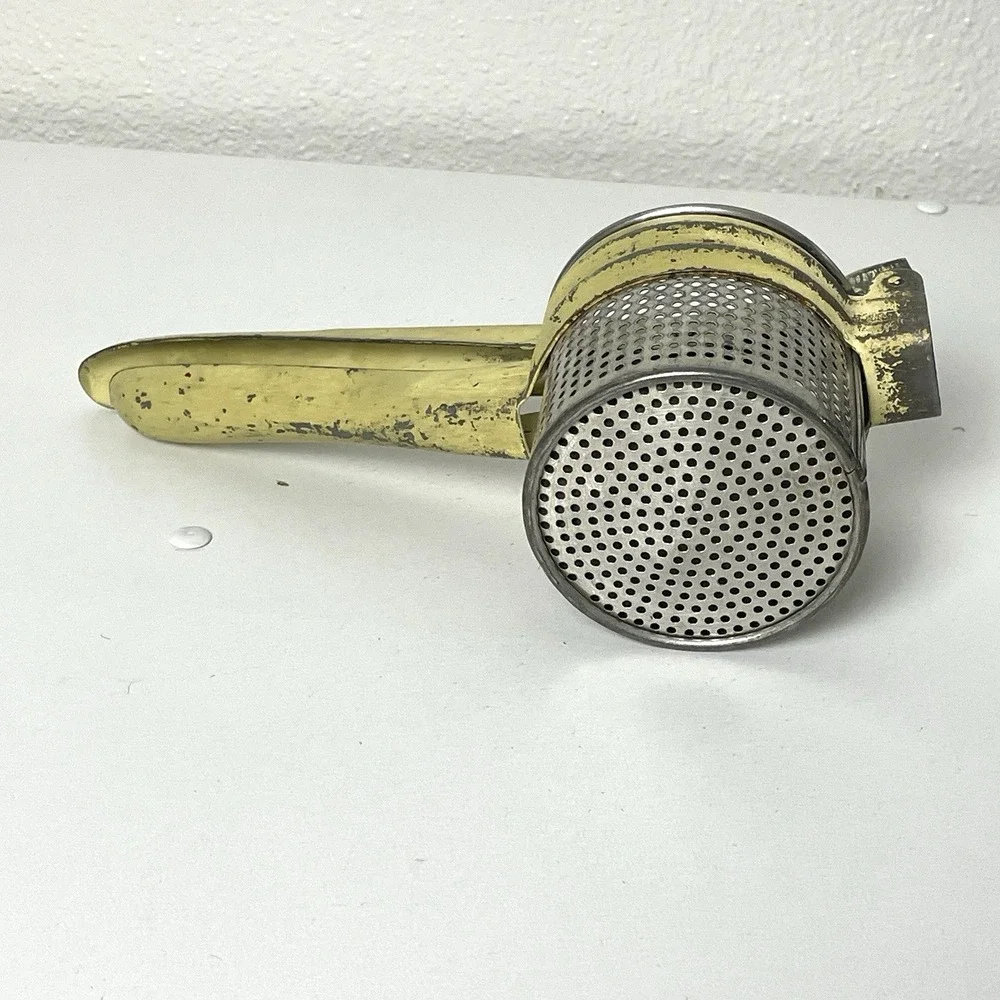 Vintage Potato Ricer Yellow Handle Metal Unmarked Made in USA